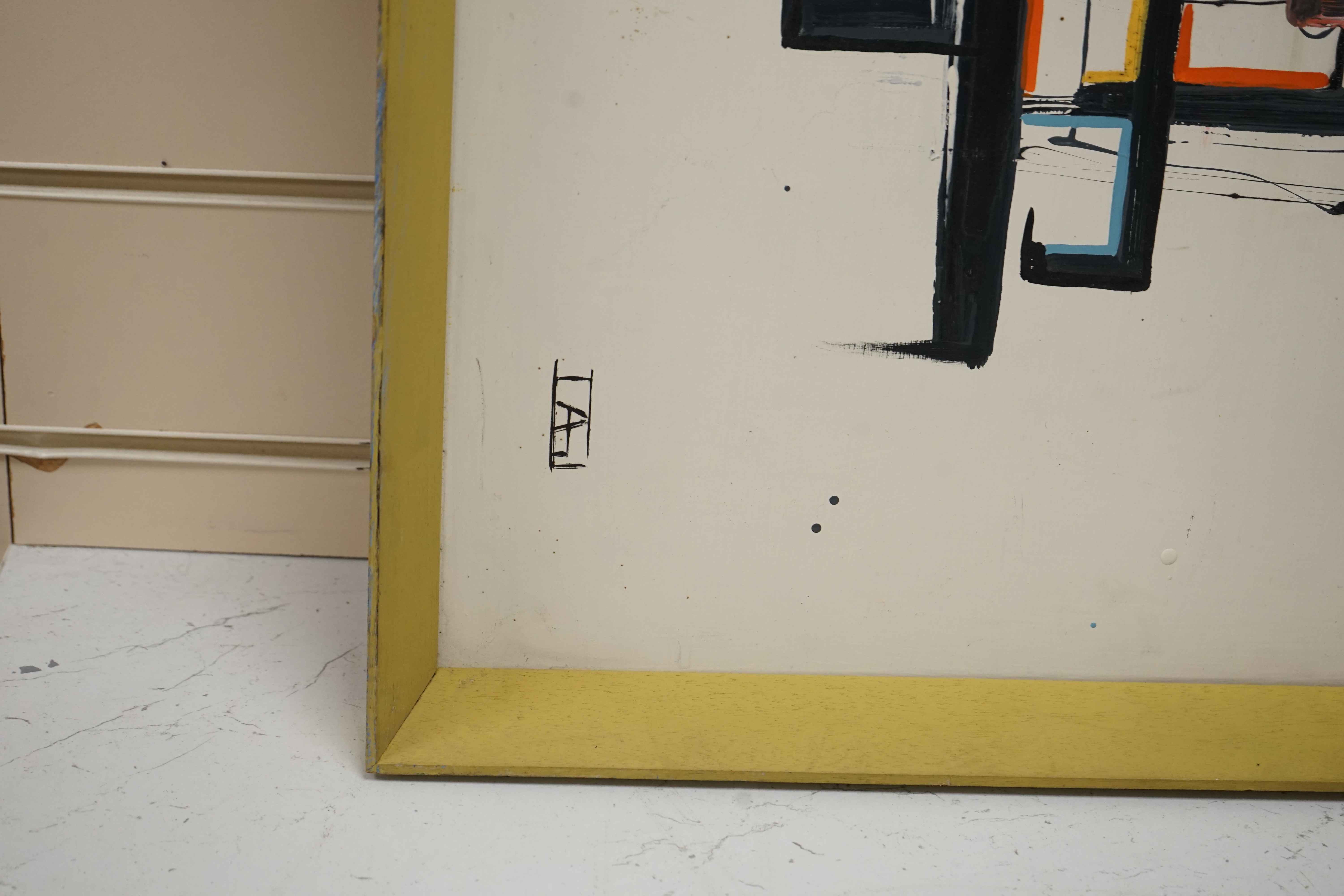 Mid century, Swedish abstract oil on board, Geometric shapes, monogrammed lower left. Condition - fair to good